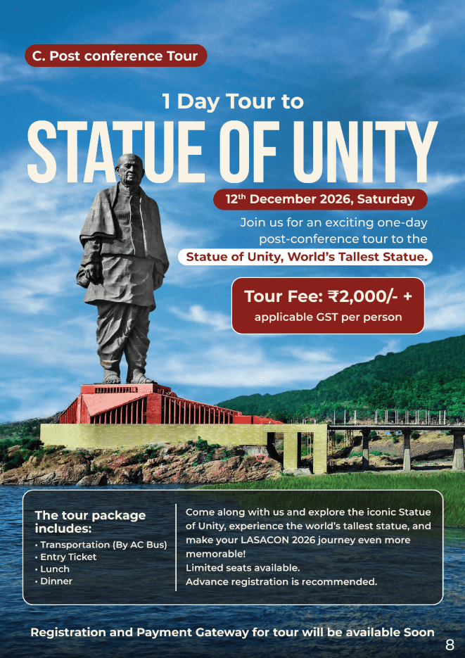 Brochure page for the one-day tour to the Statue of Unity on 12 December 2026: tour fee, what the package includes, and a note that seats are limited.